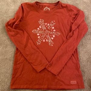 Long sleeve Life Is Good Family, gratitude snowflake graphic.